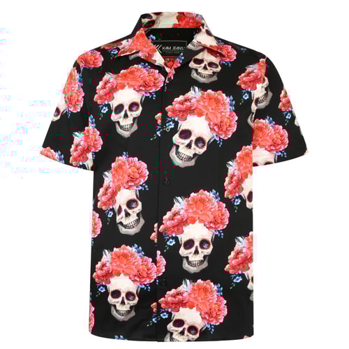 KAM Rose Skull Print Short Sleeve Shirt With Satin Finish Black